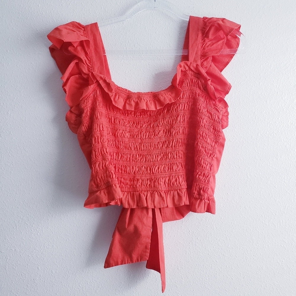 Meraki Ruched Ruffle Cap Sleeve Back Tie Blouse - Picture 2 of 8